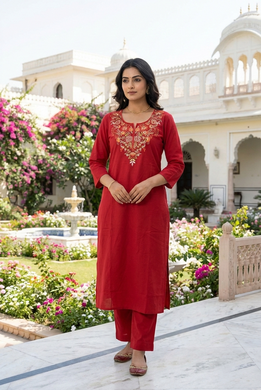Neerus Maroon cotton hand embroidered kurta set - front view