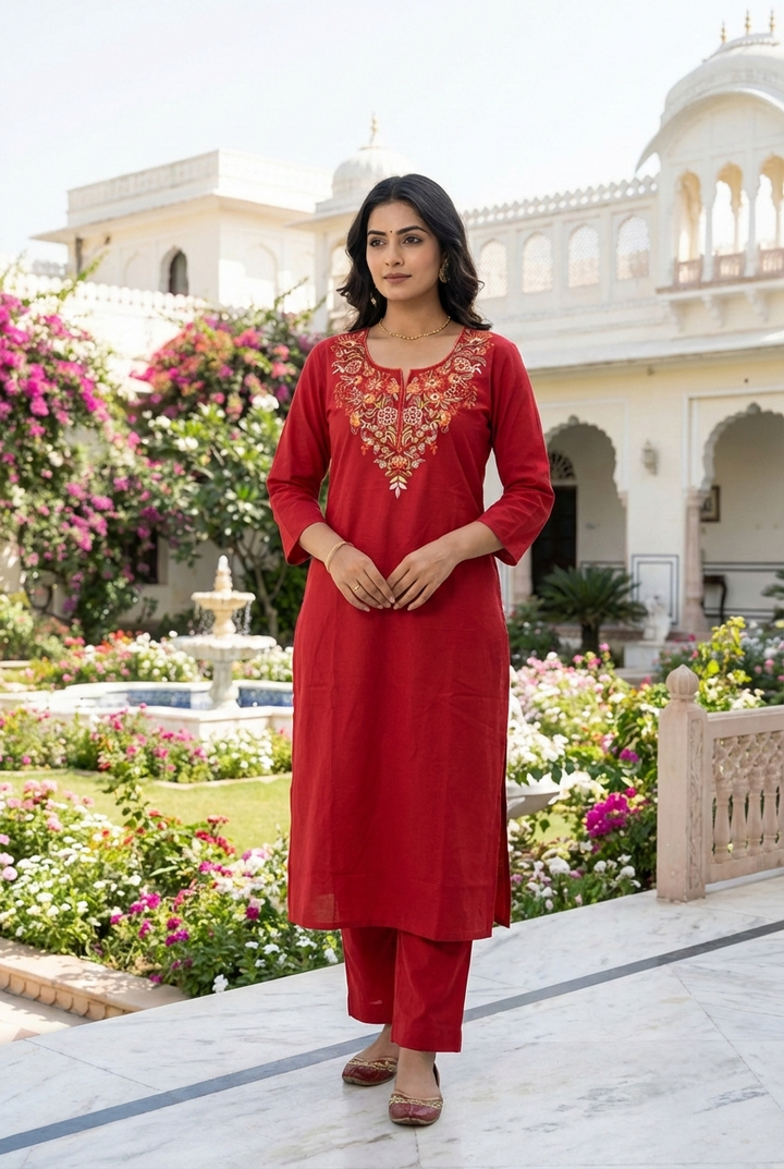 Neerus Maroon cotton hand embroidered kurta set - front view