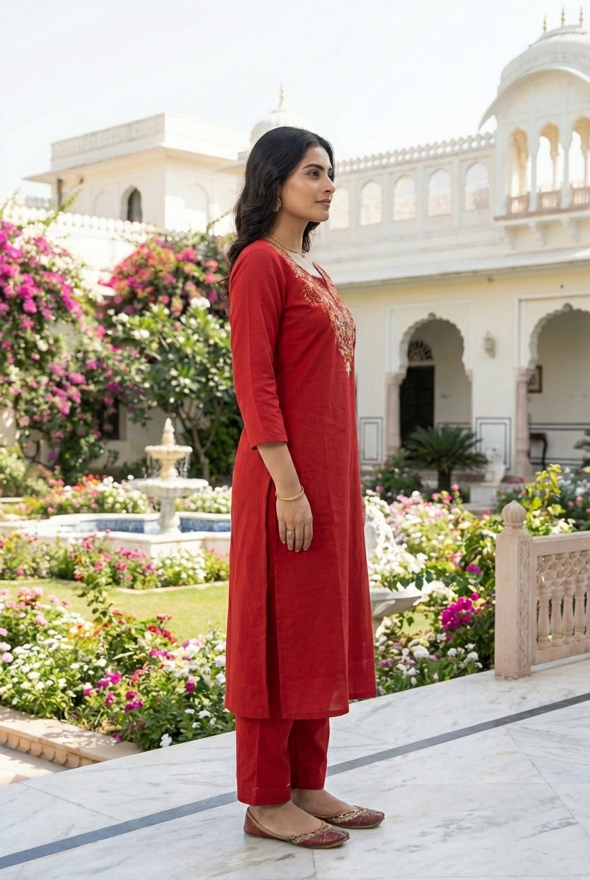 Neerus Maroon cotton hand embroidered kurta set - detail view 1