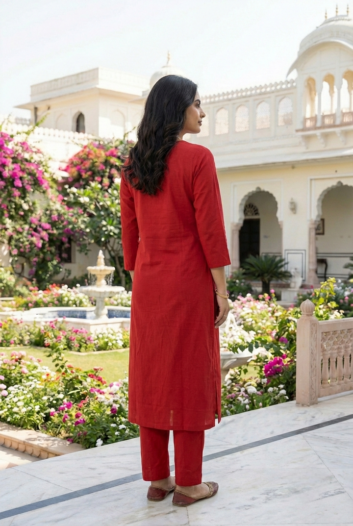 Neerus Maroon cotton hand embroidered kurta set - side view