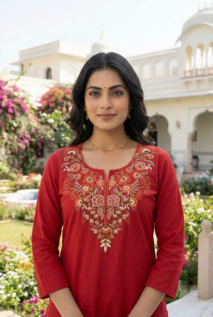 Neerus Maroon cotton hand embroidered kurta set - detail view 2