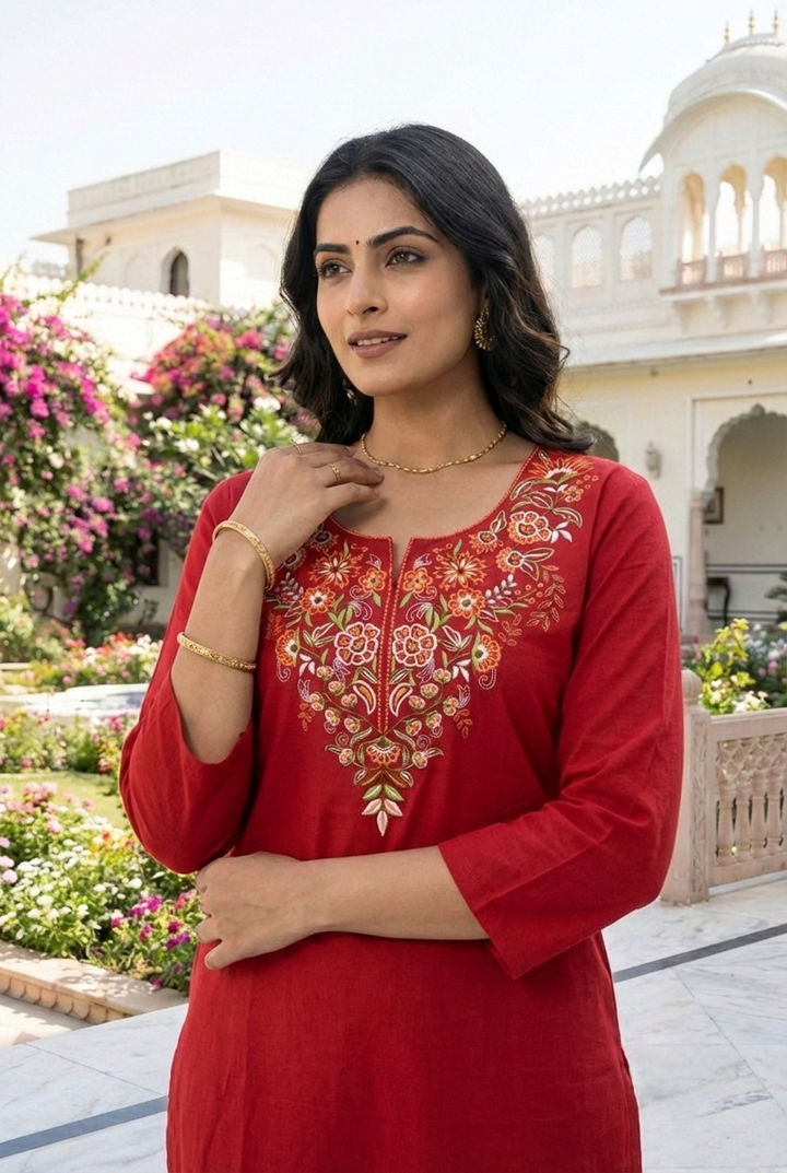 Neerus Maroon cotton hand embroidered kurta set - back view