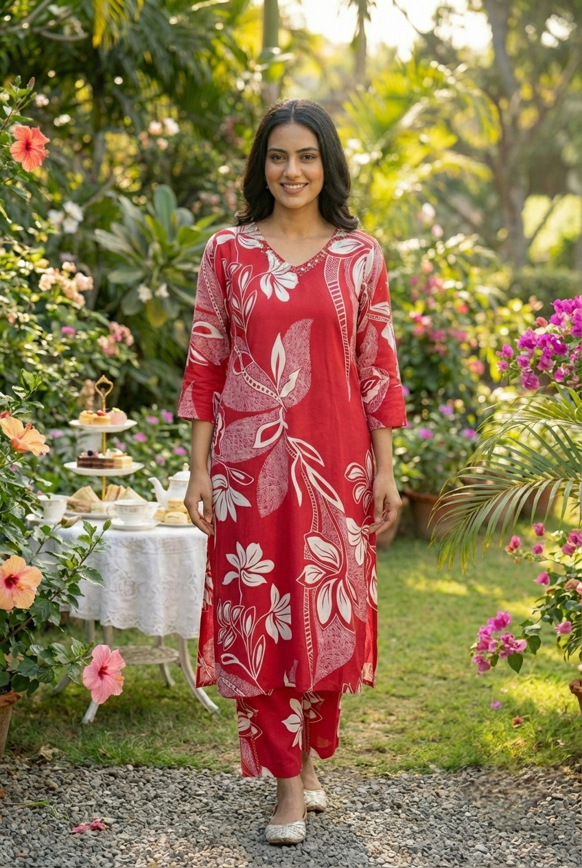 Neerus Pink Rayon Printed Kurta Set - front view