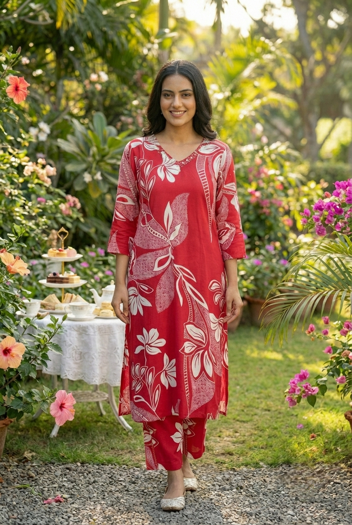 Neerus Pink Rayon Printed Kurta Set - front view