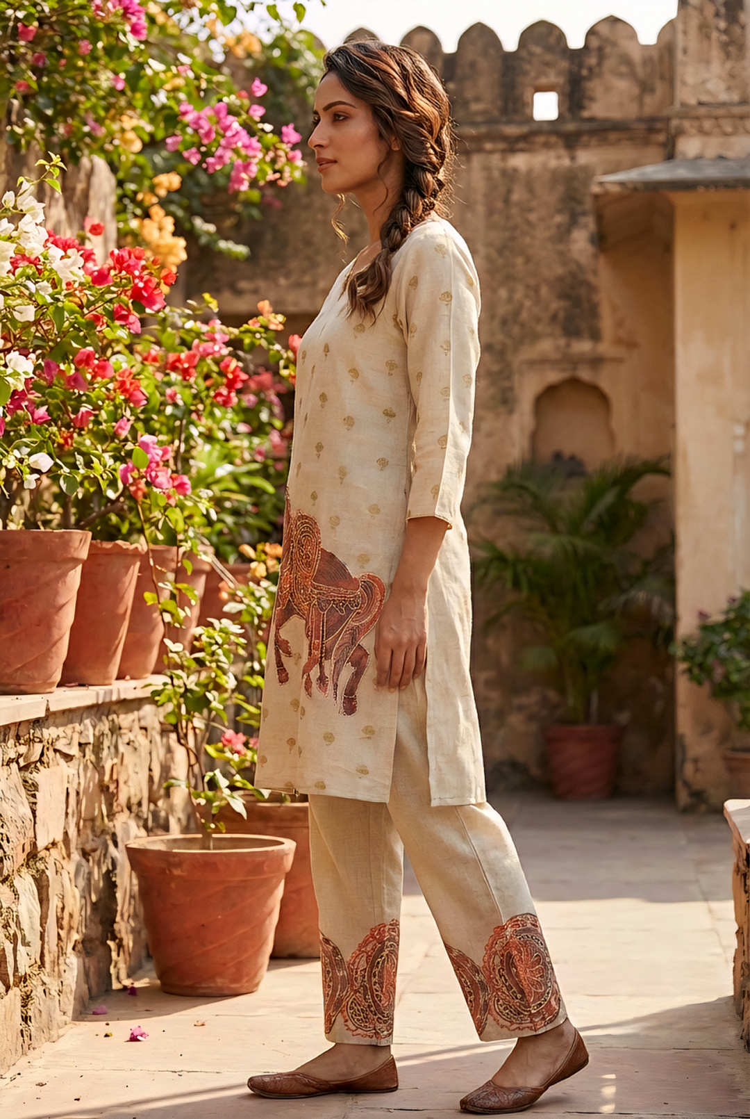 Neerus Maroon linen printed kurta set - back view