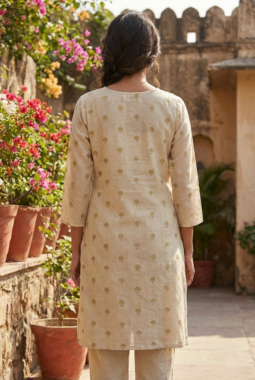 Neerus Maroon linen printed kurta set - side view