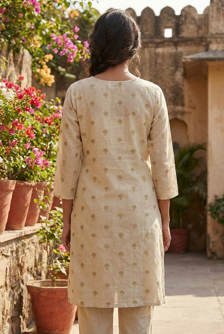 Neerus Maroon linen printed kurta set - side view