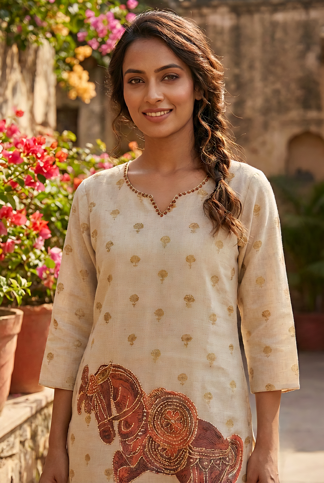 Neerus Maroon linen printed kurta set - detail view 1