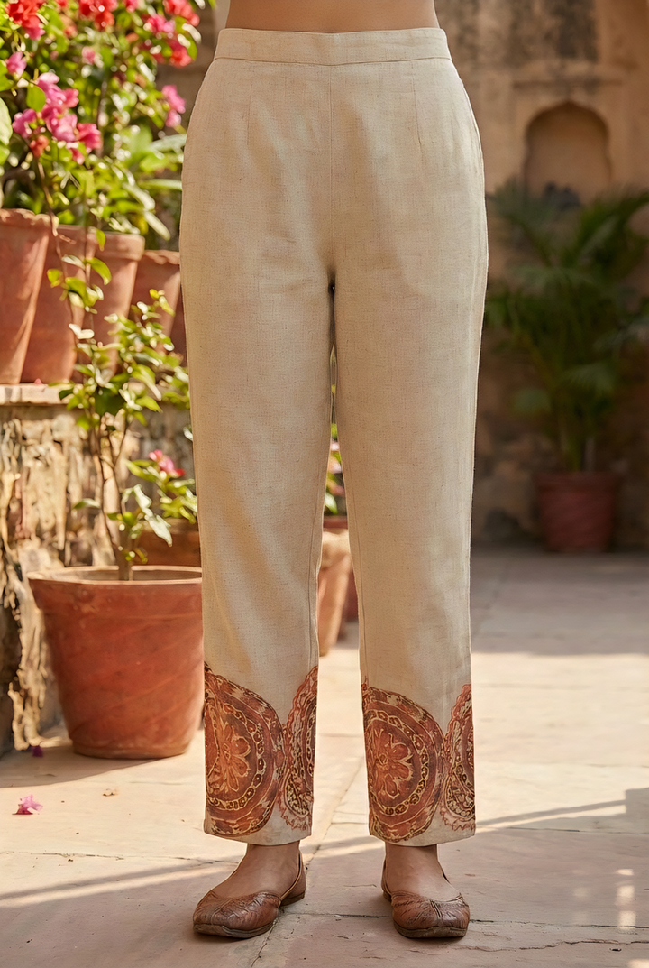 Neerus Maroon linen printed kurta set - detail view 3