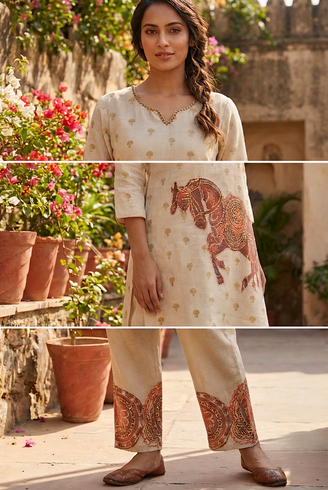 Neerus Maroon linen printed kurta set - detail view 4