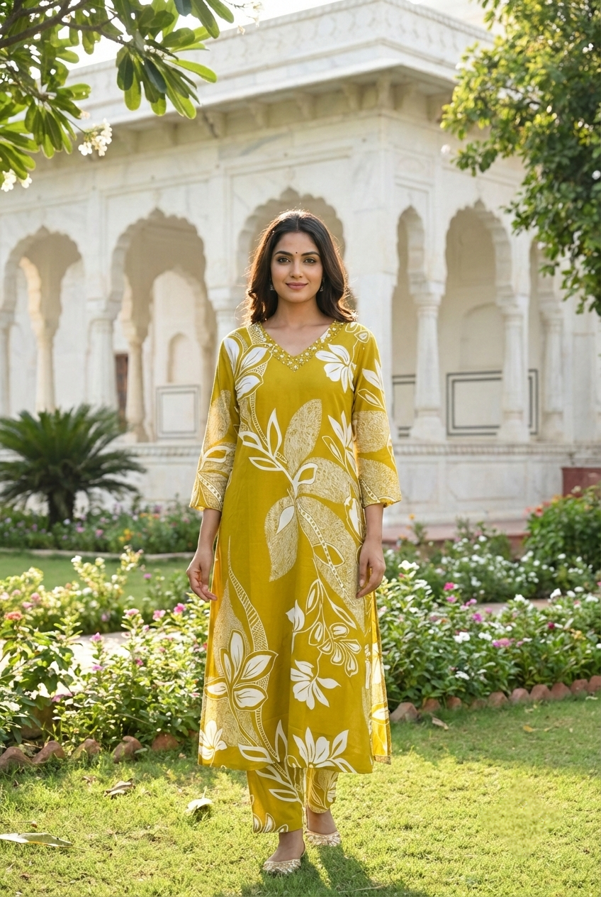 Neerus Green Rayon Printed Kurta Set - front view