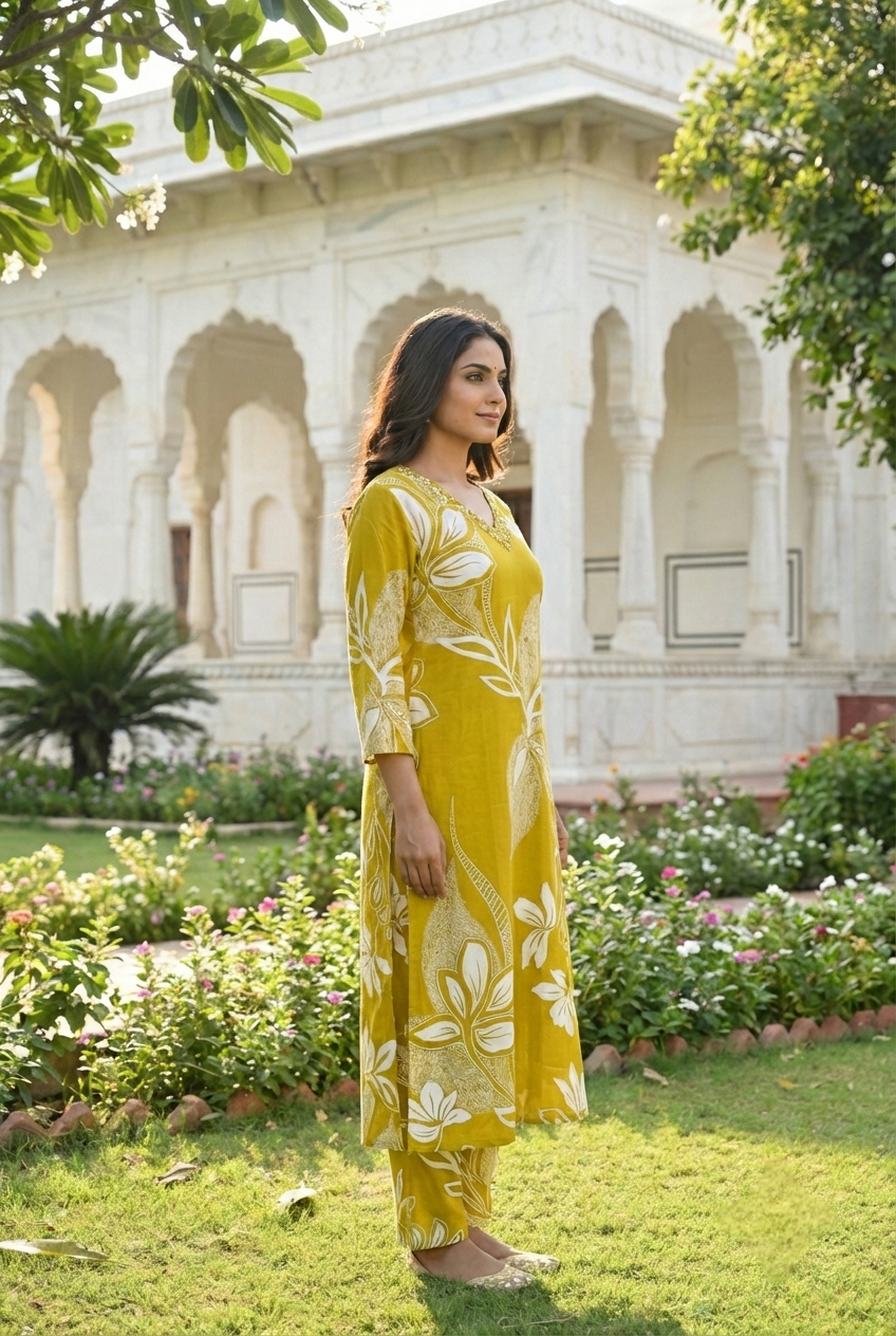 Neerus Green Rayon Printed Kurta Set - back view