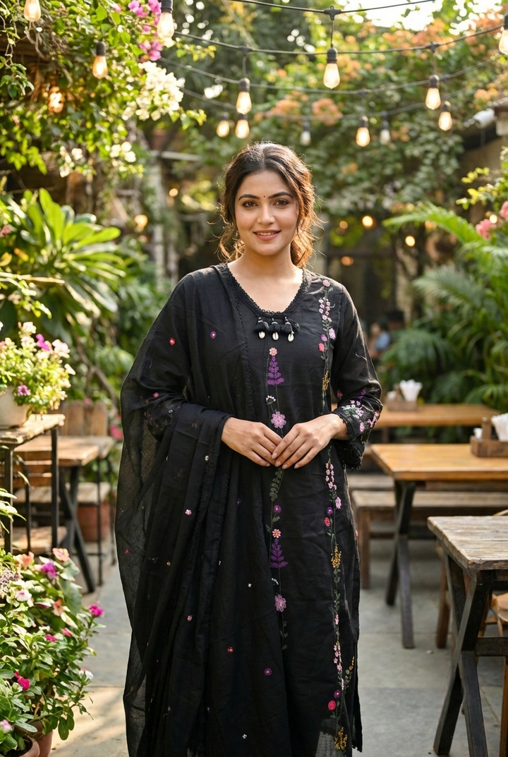 Neerus Black cotton hand embroidered suit set - back view