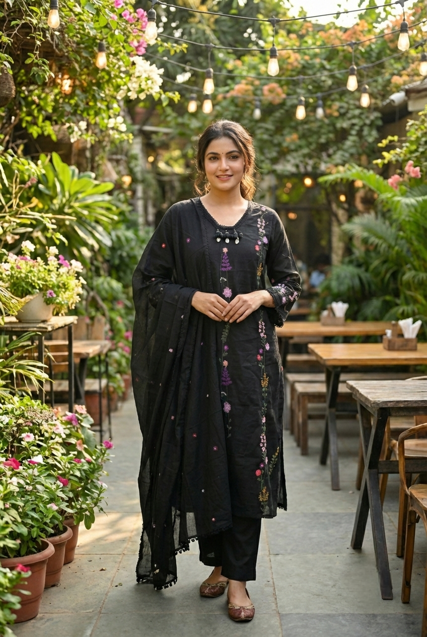 Neerus Black cotton hand embroidered suit set - front view