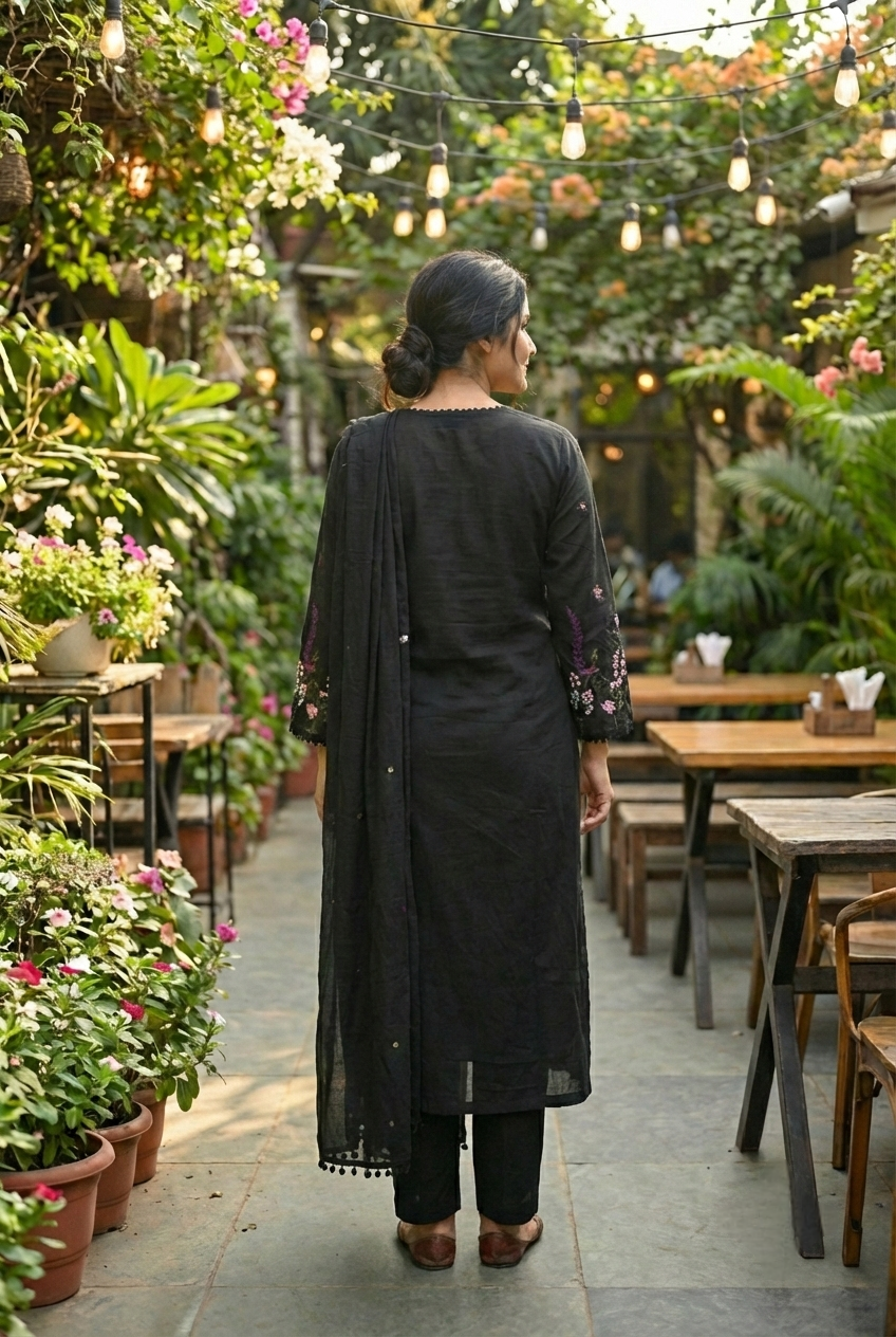 Neerus Black cotton hand embroidered suit set - detail view 1