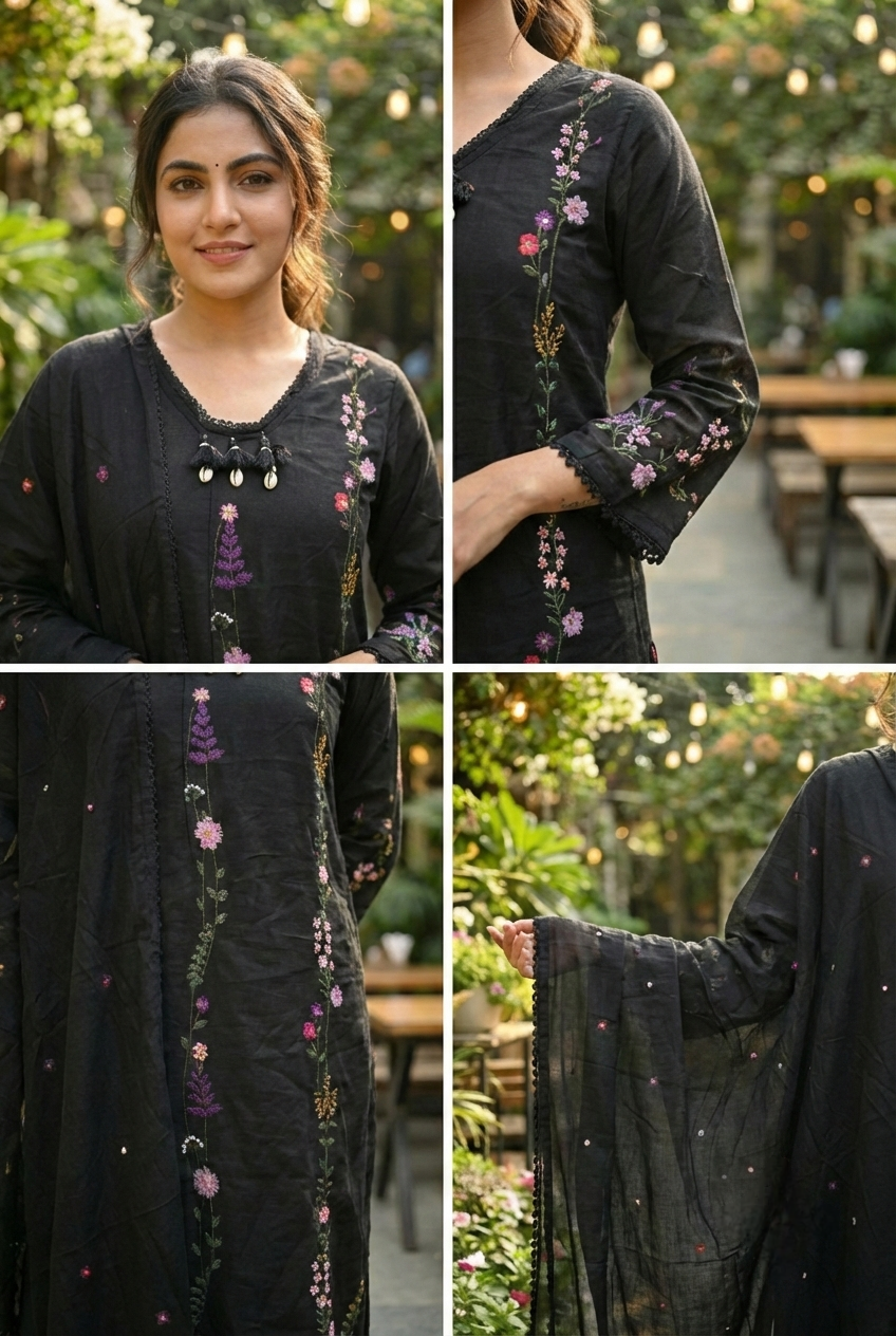 Neerus Black cotton hand embroidered suit set - side view