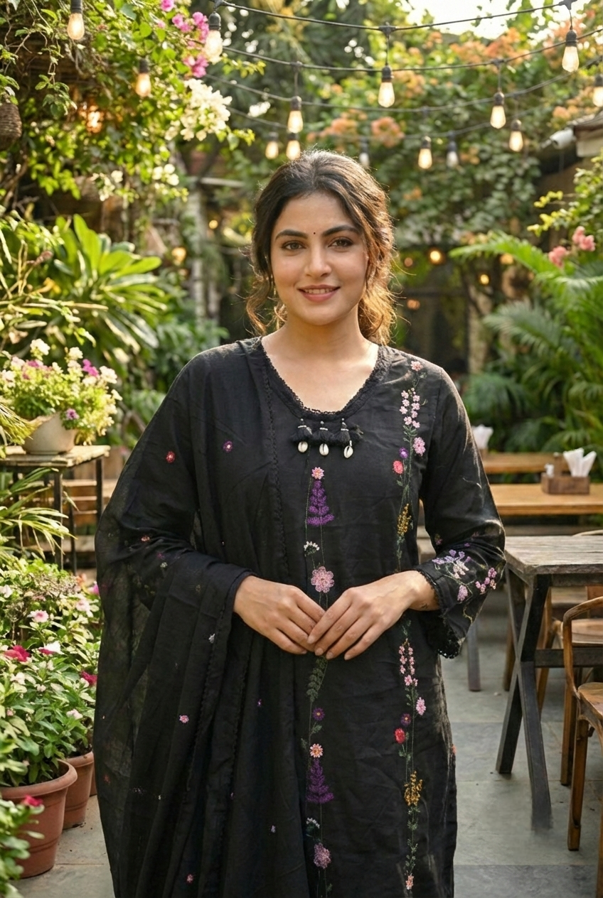 Neerus Black cotton hand embroidered suit set - detail view 2