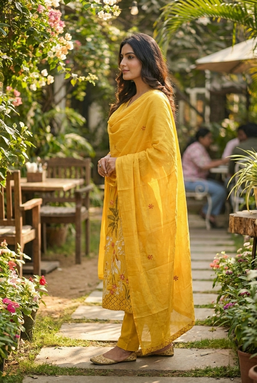 Neerus Yellow cotton hand embroidered suit set - back view