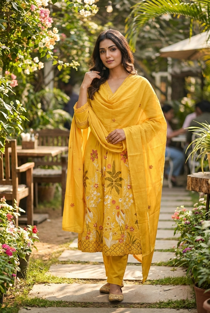 Neerus Yellow cotton hand embroidered suit set - front view