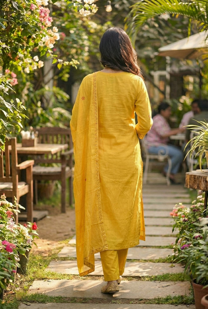 Neerus Yellow cotton hand embroidered suit set - detail view 1