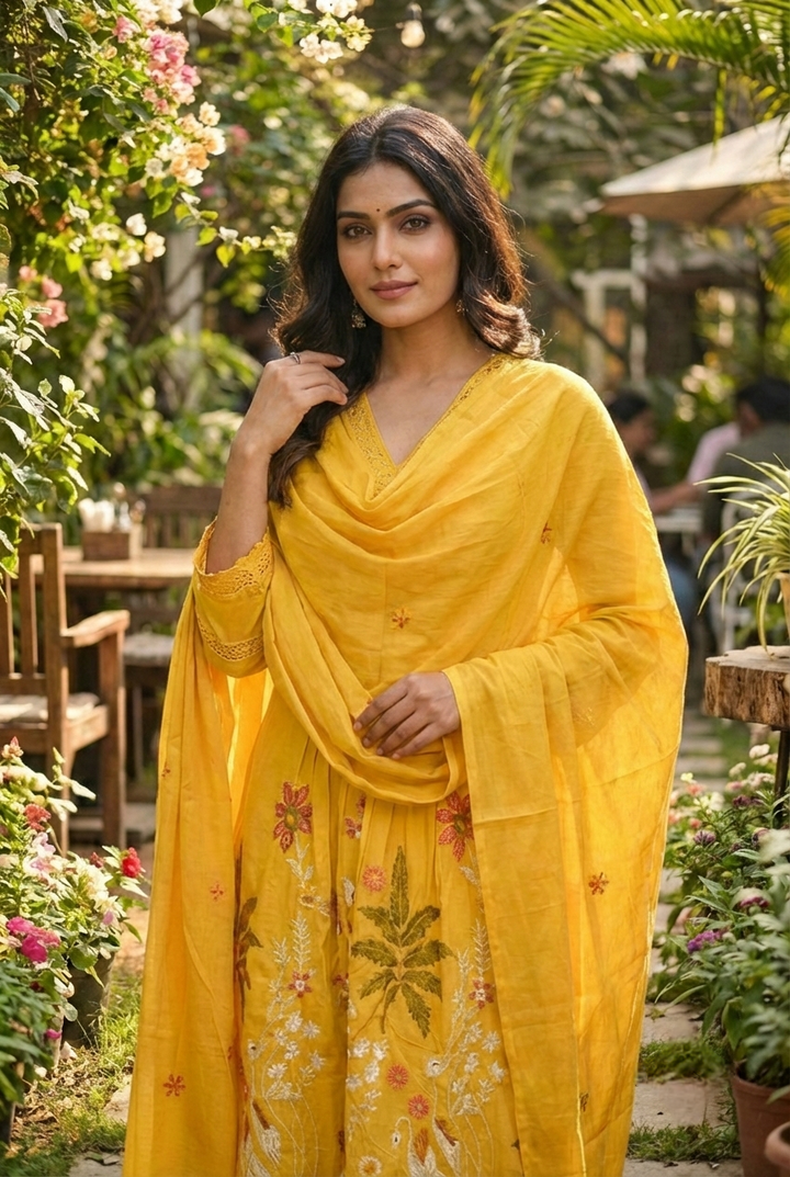 Neerus Yellow cotton hand embroidered suit set - side view