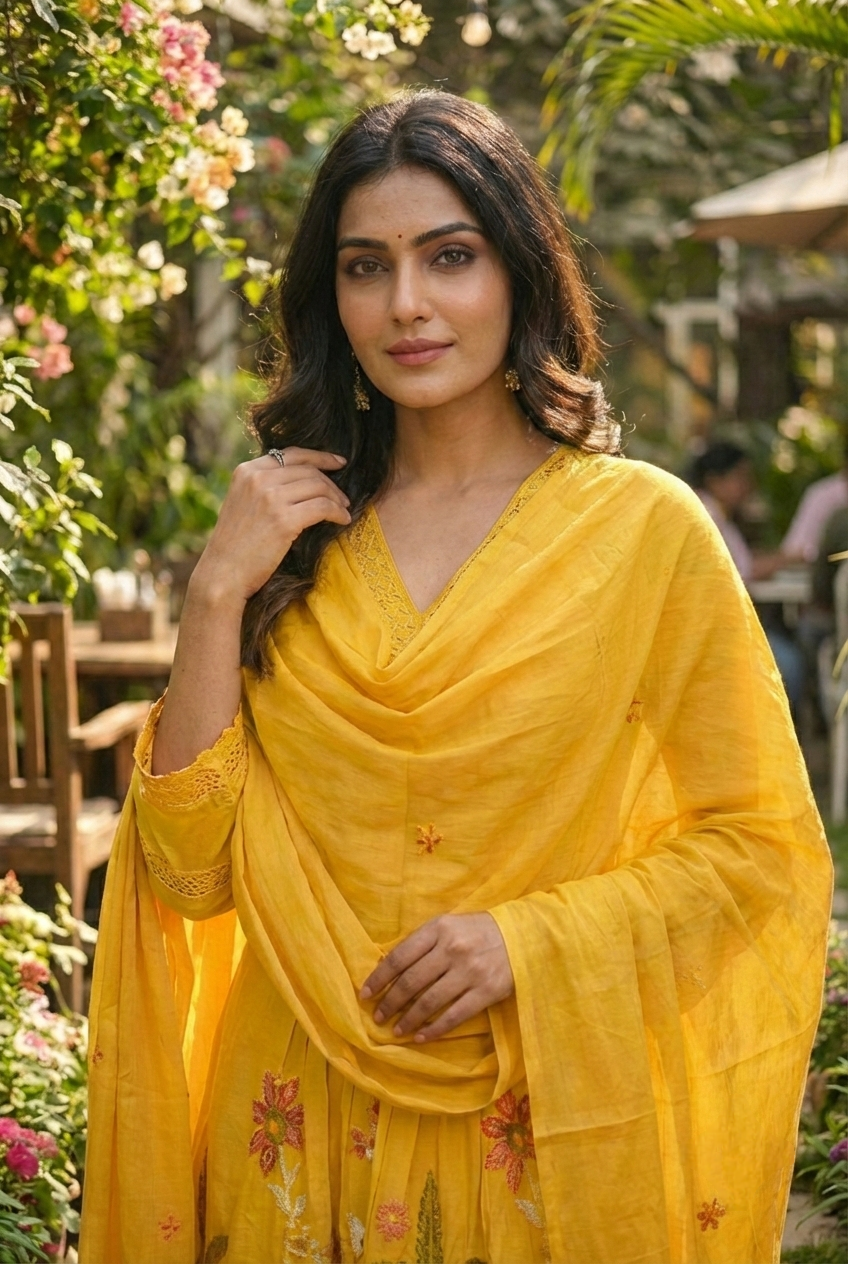 Neerus Yellow cotton hand embroidered suit set - detail view 2
