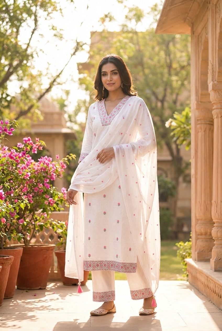 Neerus White cotton hand embroidered kurta set - front view