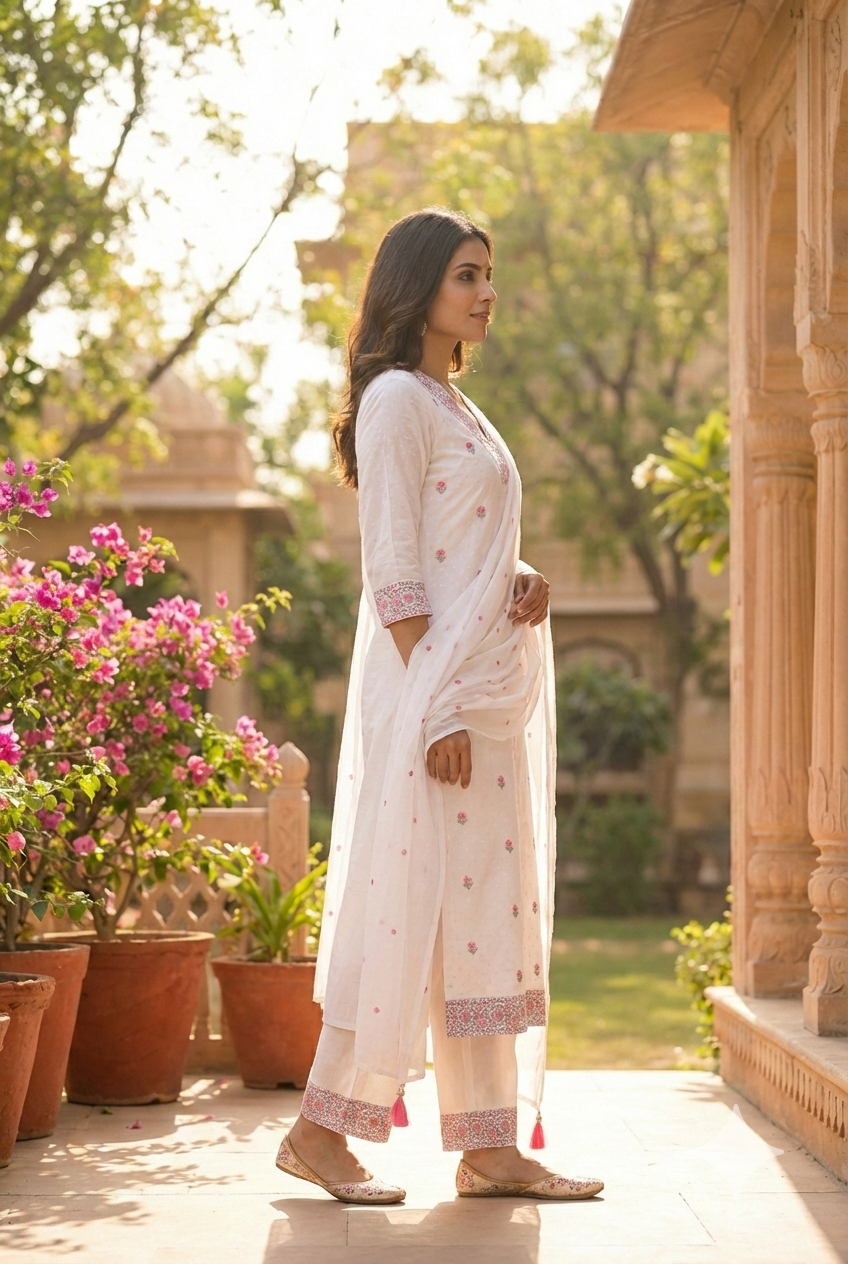 Neerus White cotton hand embroidered kurta set - side view