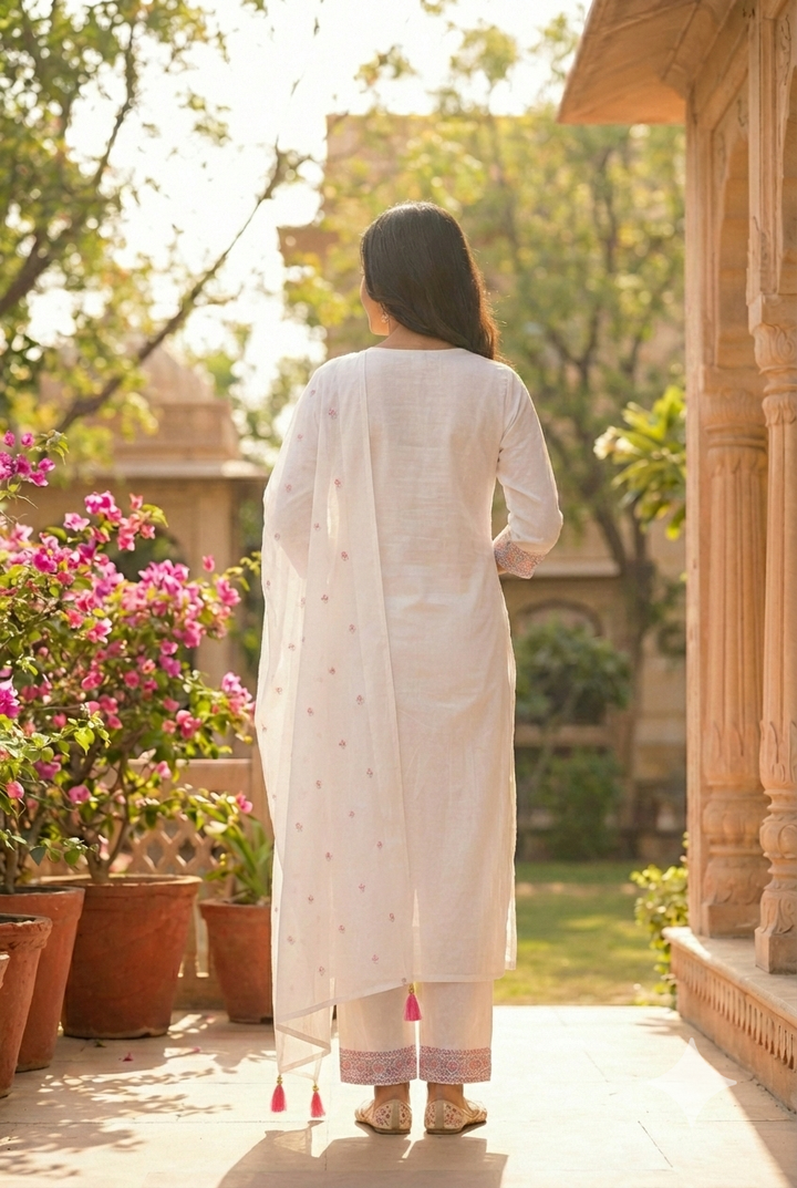 Neerus White cotton hand embroidered kurta set - back view