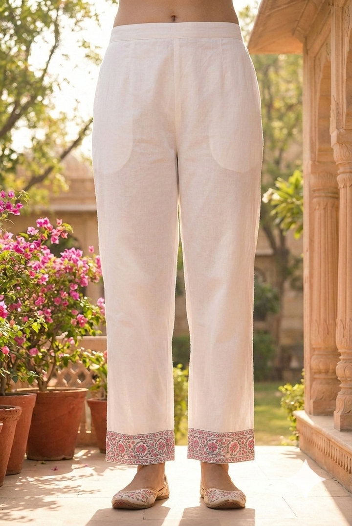 Neerus White cotton hand embroidered kurta set - detail view 1