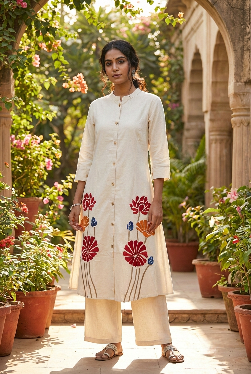 Neerus White cotton hand embroidered kurta set - front view