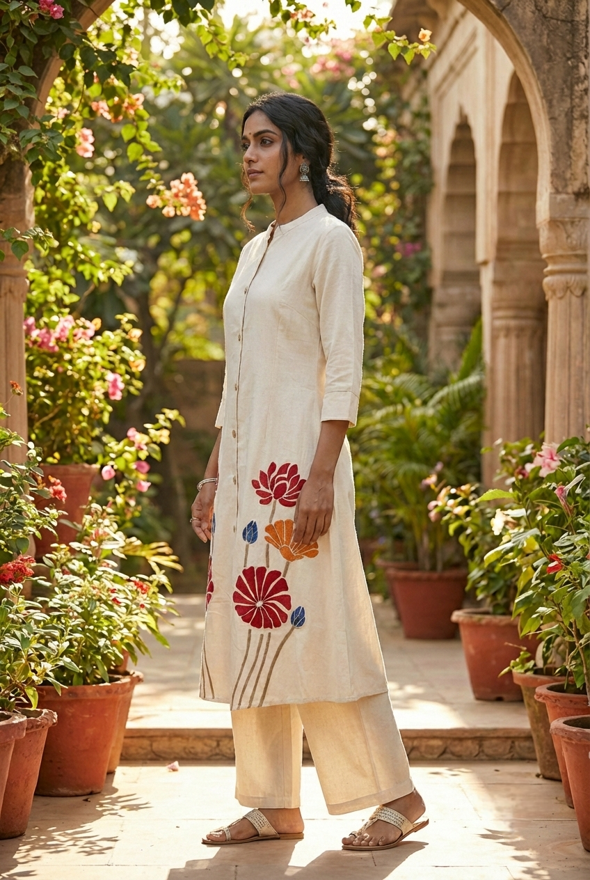Neerus White cotton hand embroidered kurta set - side view