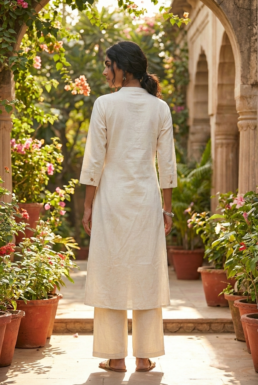 Neerus White cotton hand embroidered kurta set - back view