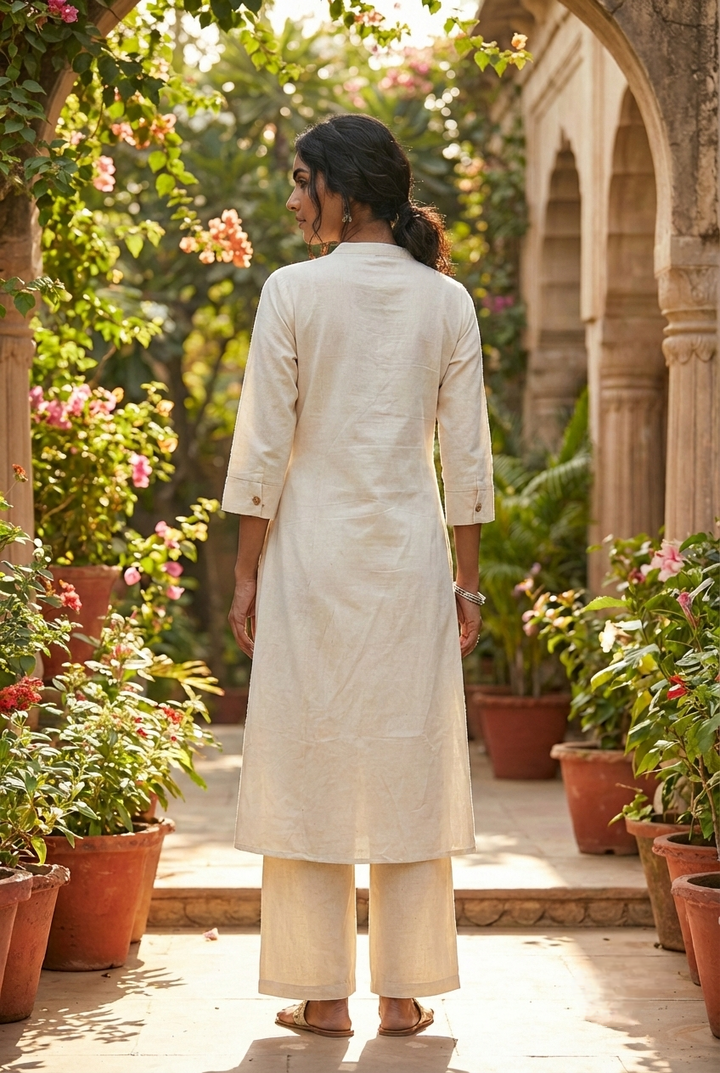 Neerus White cotton hand embroidered kurta set - back view