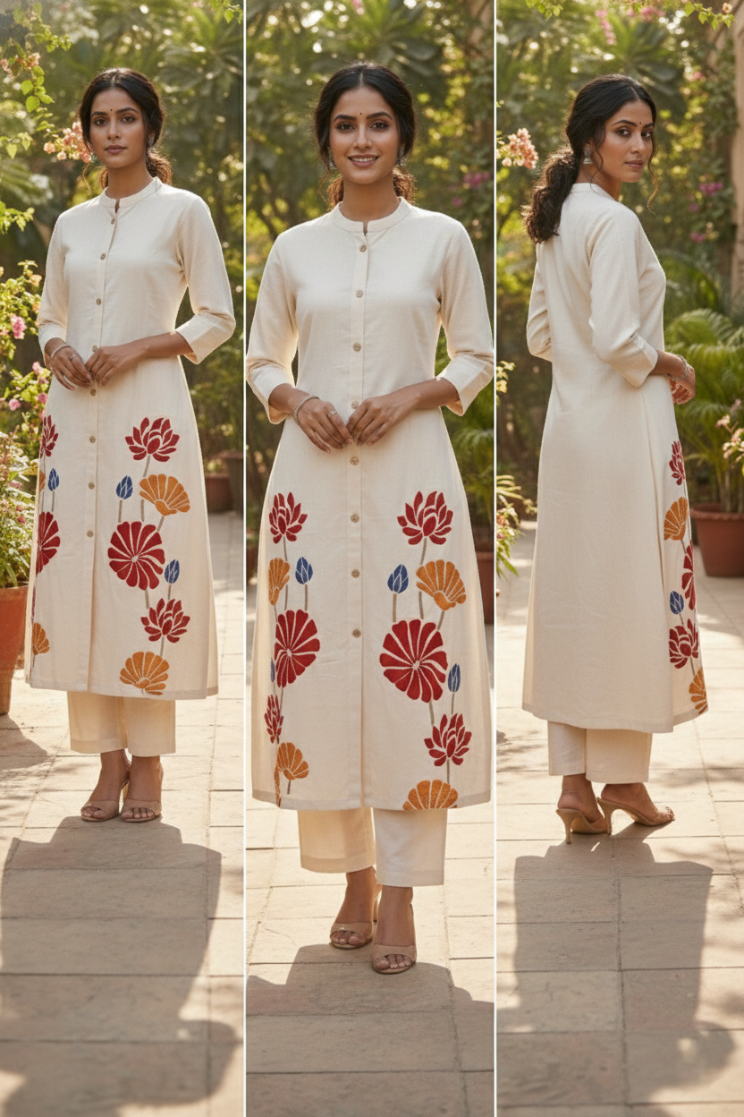 Neerus White cotton hand embroidered kurta set - detail view 2
