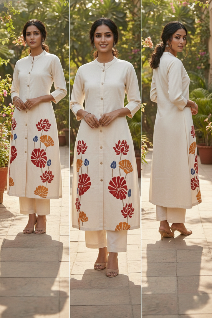 Neerus White cotton hand embroidered kurta set - detail view 2