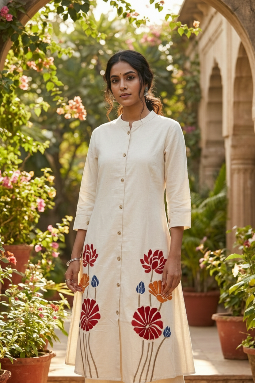 Neerus White cotton hand embroidered kurta set - detail view 1