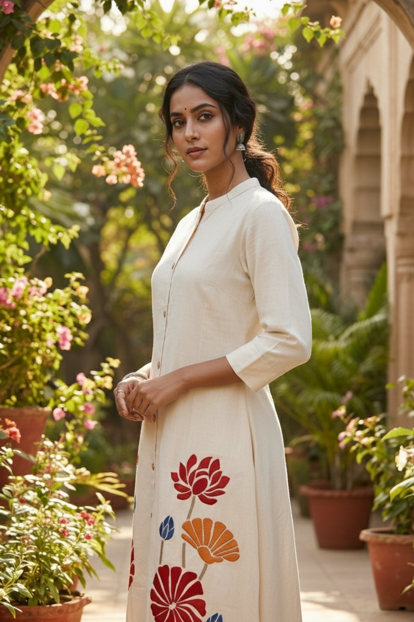 Neerus White cotton hand embroidered kurta set - detail view 3