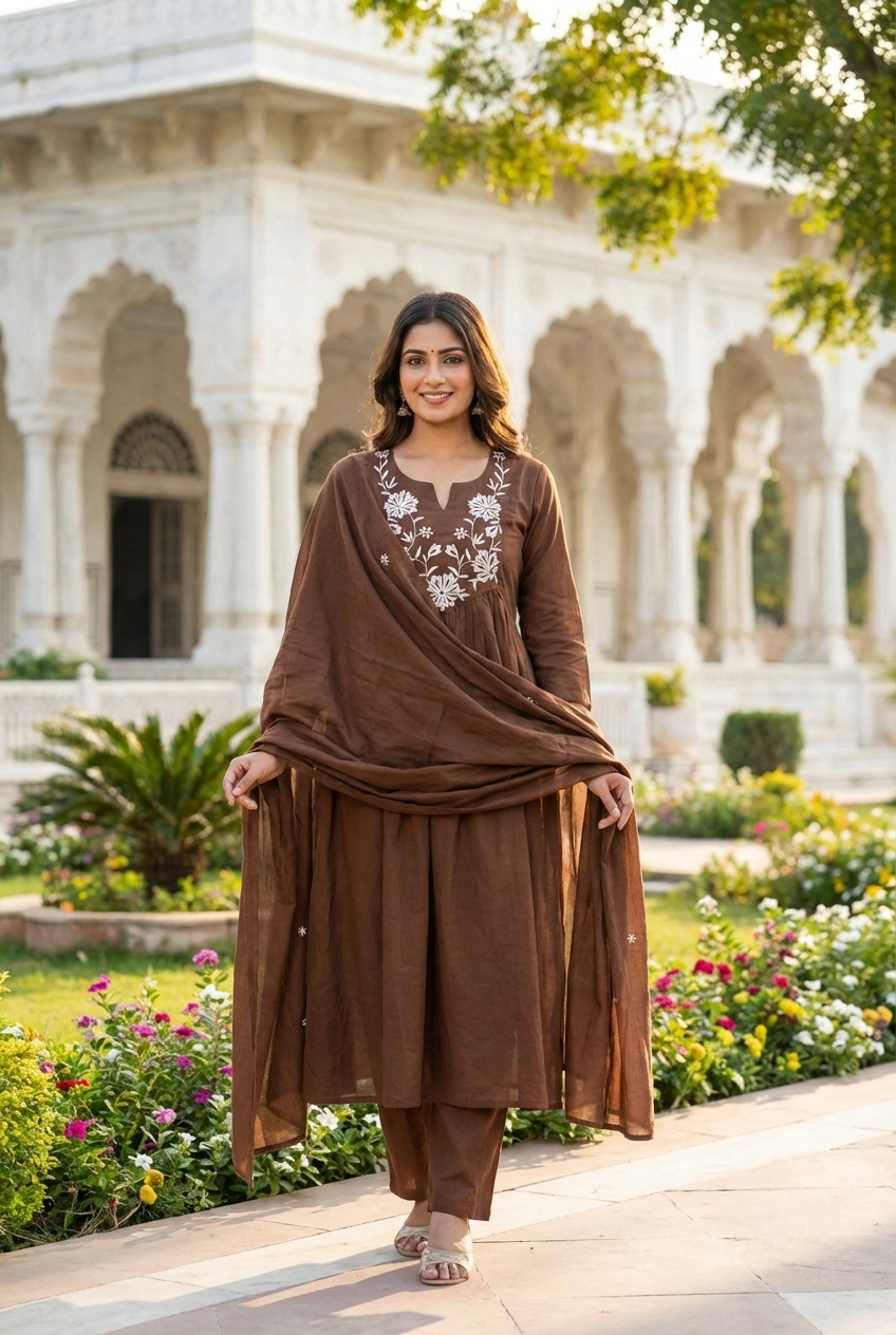 Neerus Brown cotton hand embroidered suit set - front view