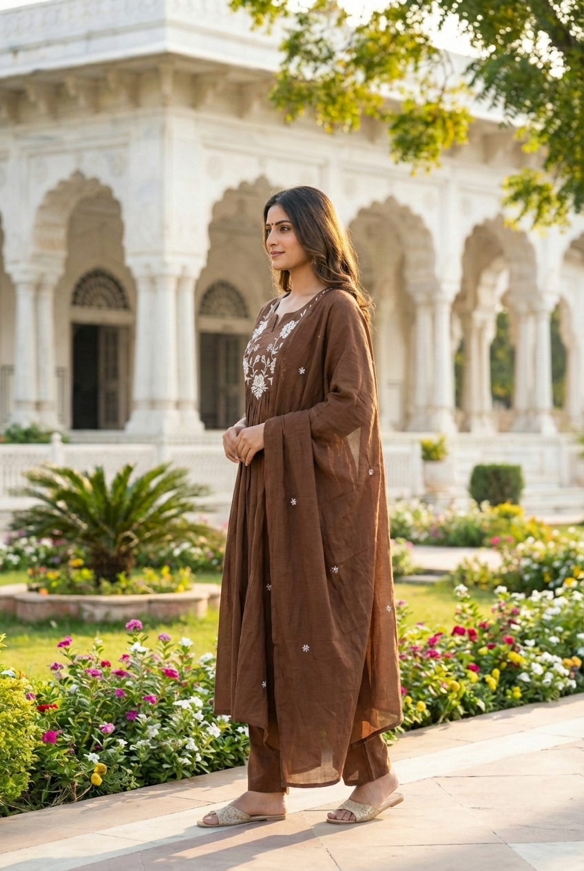 Neerus Brown cotton hand embroidered suit set - side view