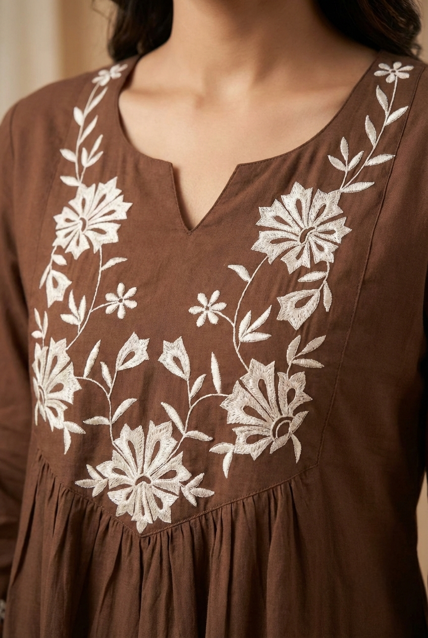 Neerus Brown cotton hand embroidered suit set - back view