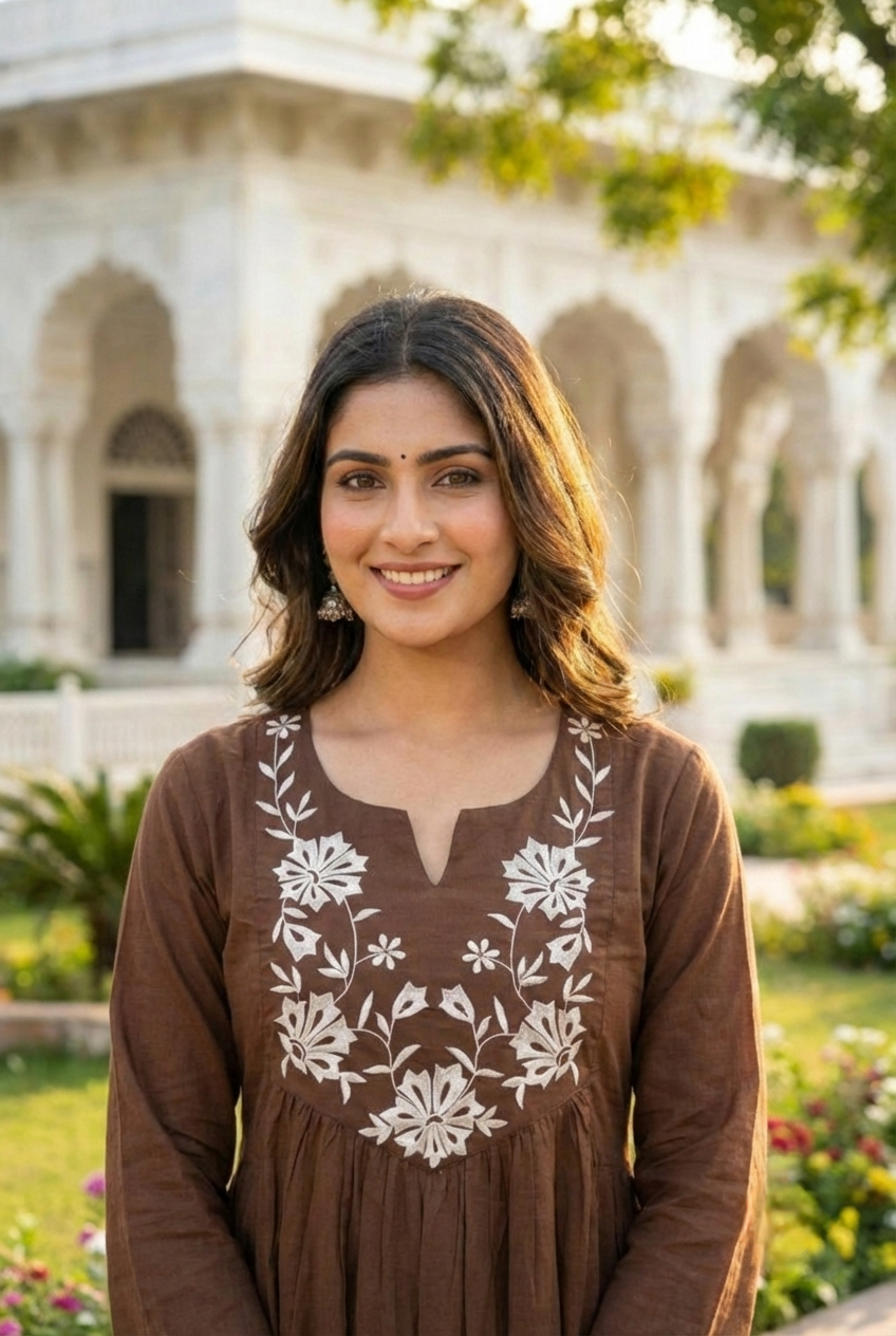 Neerus Brown cotton hand embroidered suit set - detail view 1