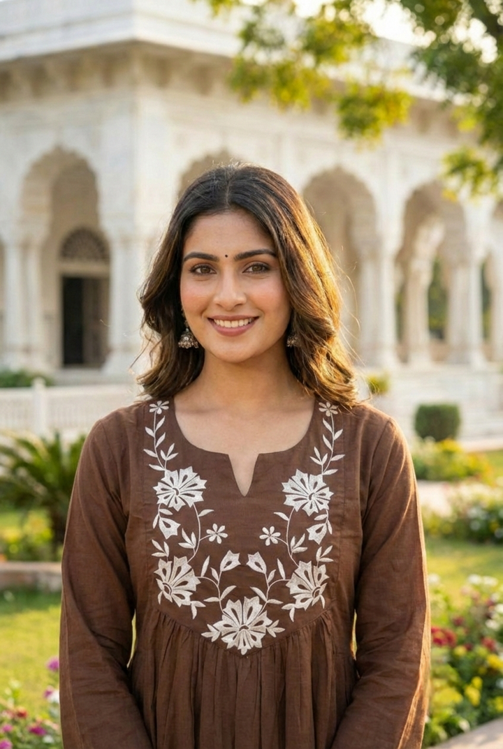 Neerus Brown cotton hand embroidered suit set - detail view 1