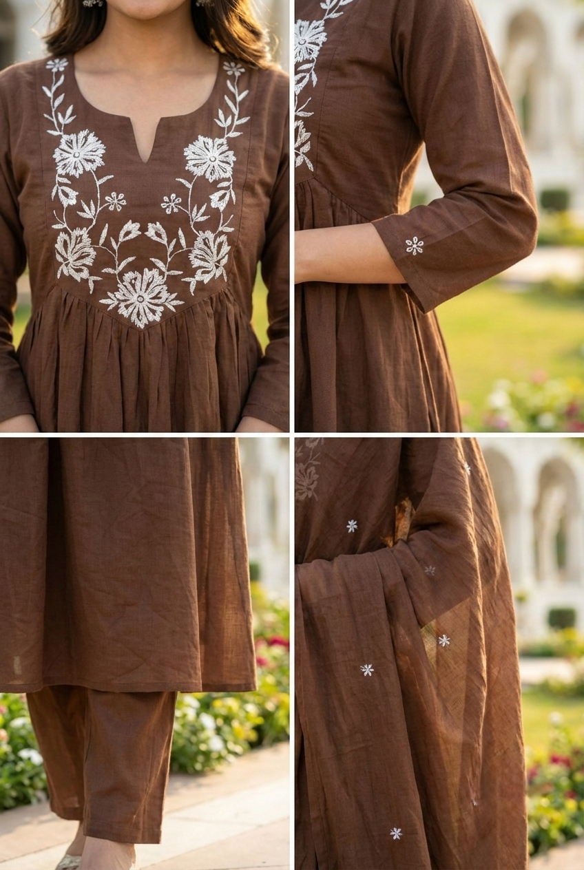 Neerus Brown cotton hand embroidered suit set - detail view 2