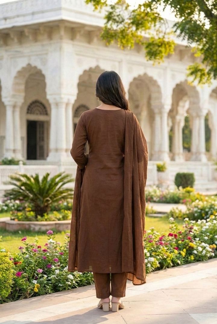 Neerus Brown cotton hand embroidered suit set - detail view 3