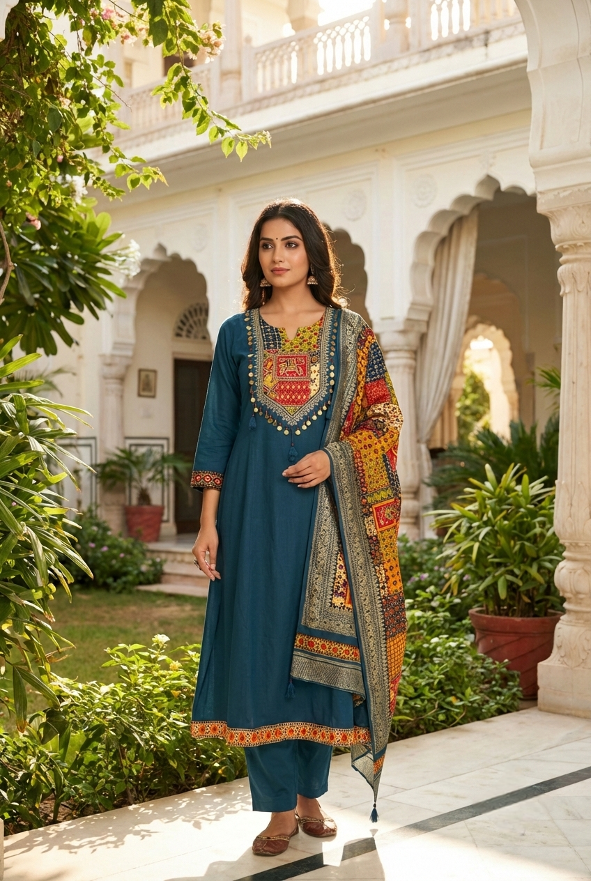 Neerus Green silk printed suit set - front view