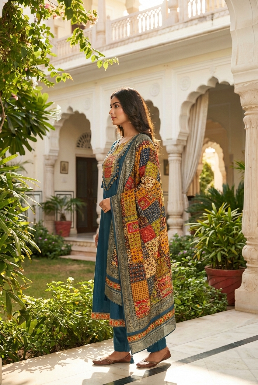 Neerus Green silk printed suit set - back view
