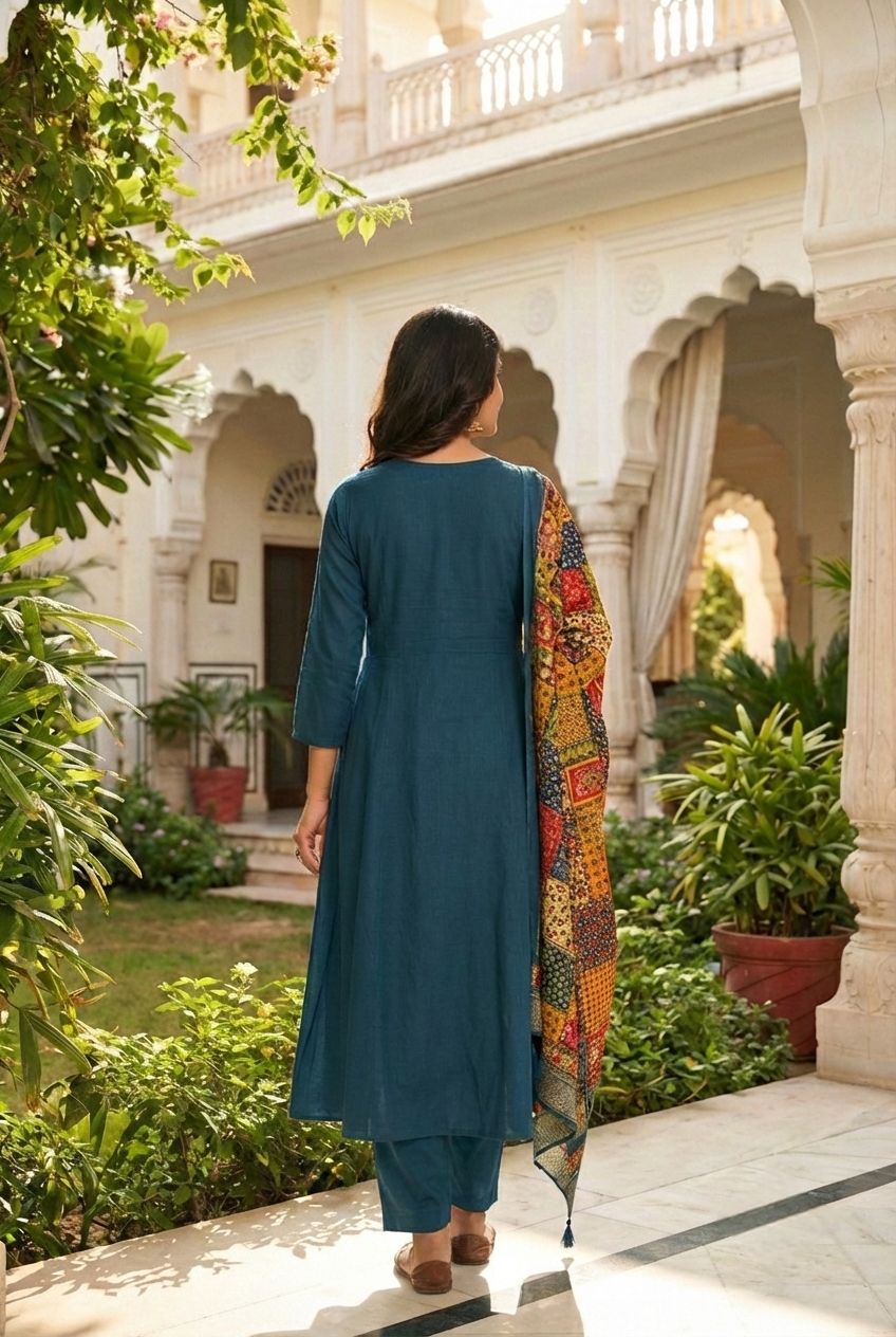 Neerus Green silk printed suit set - detail view 1