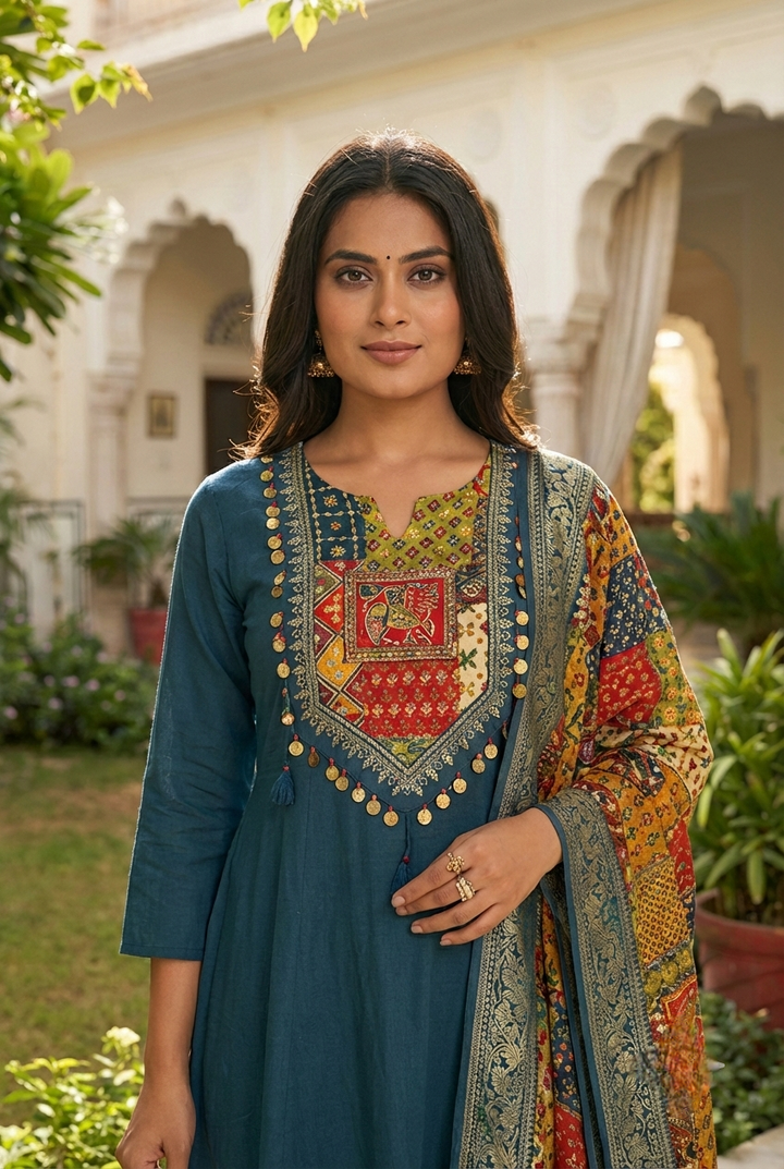 Neerus Green silk printed suit set - side view