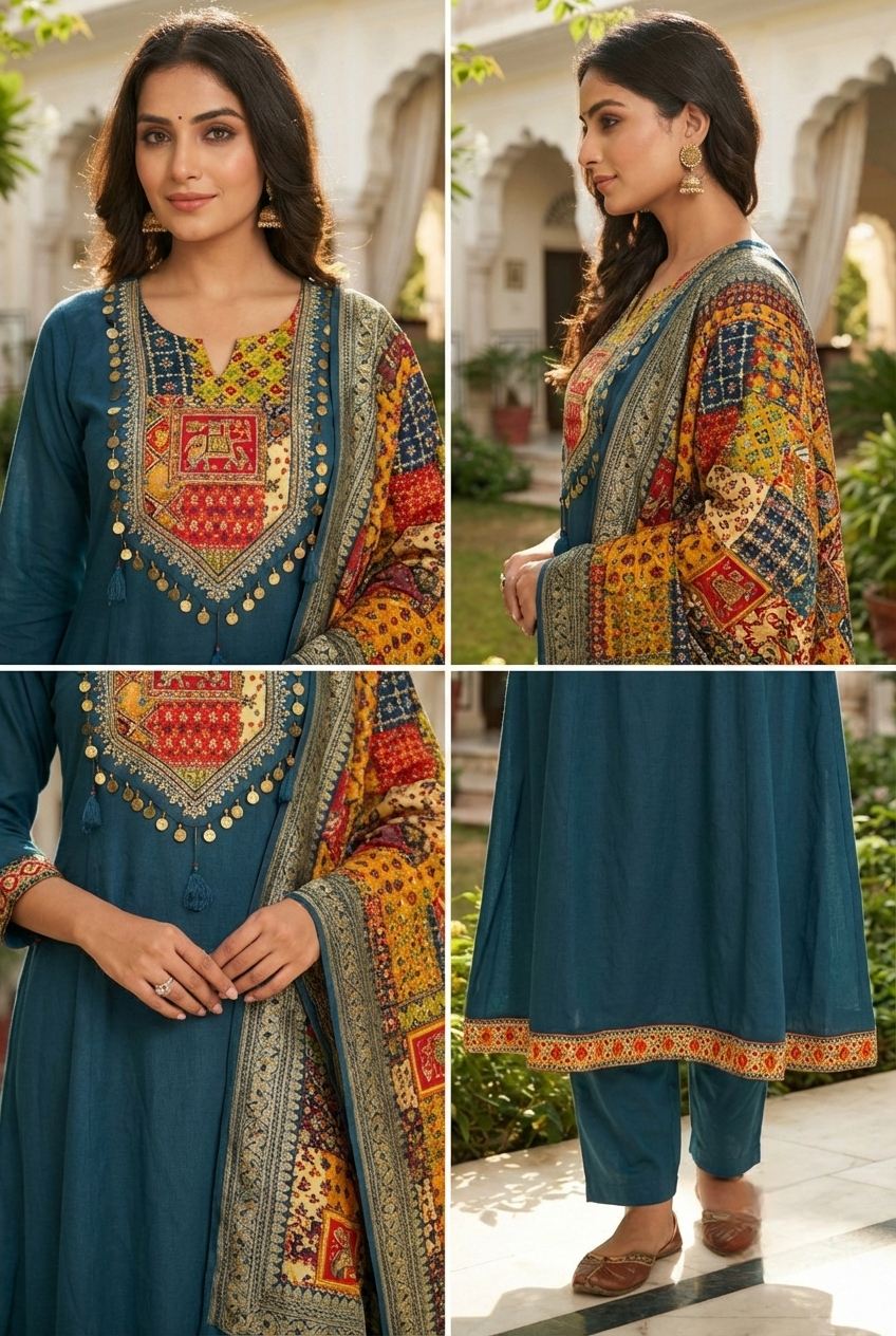 Neerus Green silk printed suit set - detail view 2